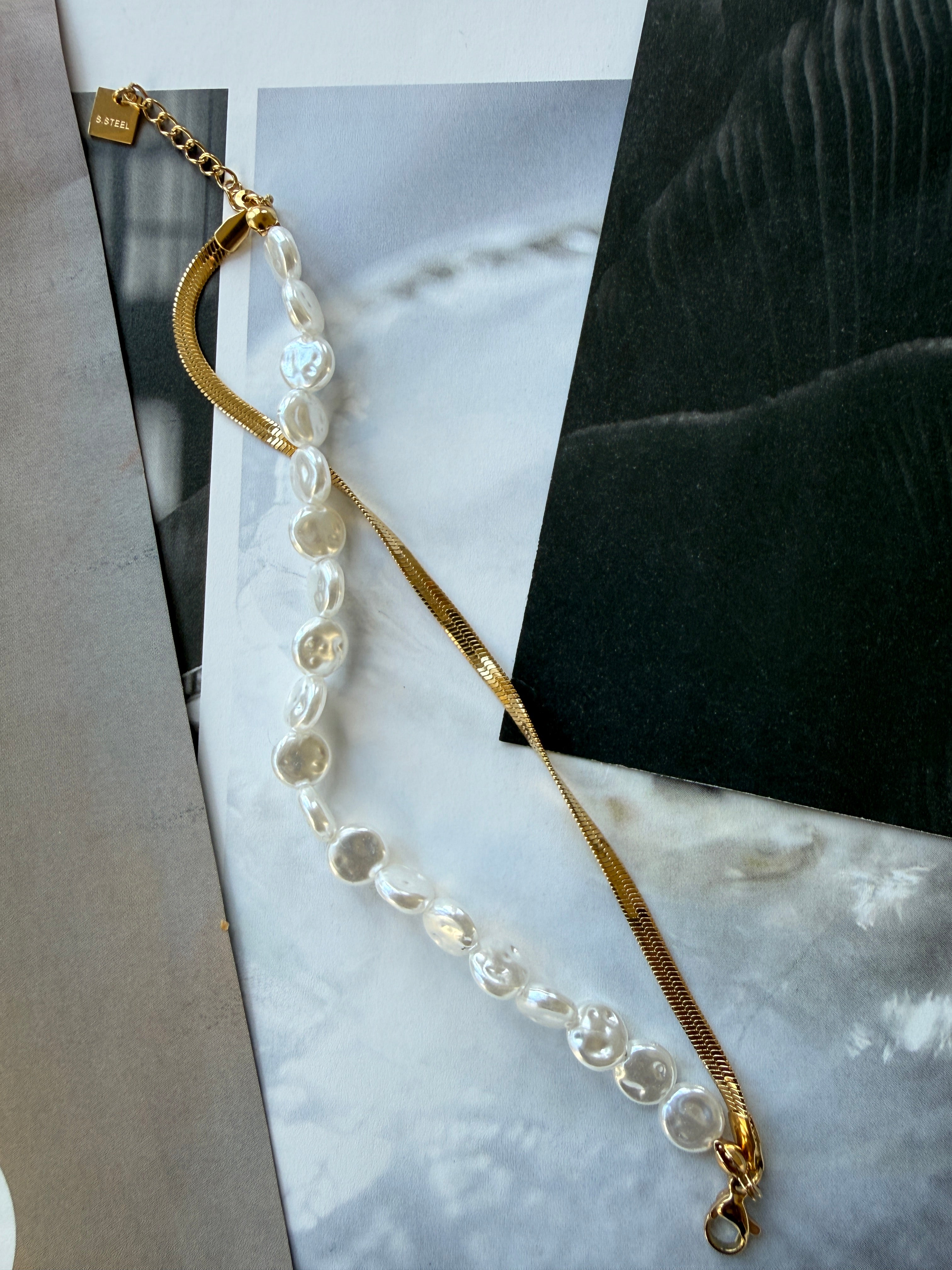 STAINLESS STEEL BRACELET WITH PEARLS, 20CM